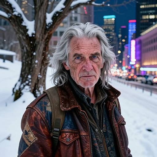 Photograph of an elderly man with white hair and beard, wearing a brown jacket, standing in a snowy urban street at night with colorful city lights in