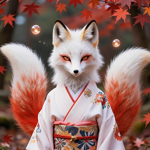 Digital art of a white fox with red-tipped tails, wearing a floral kimono, surrounded by red autumn leaves and floating bubbles.