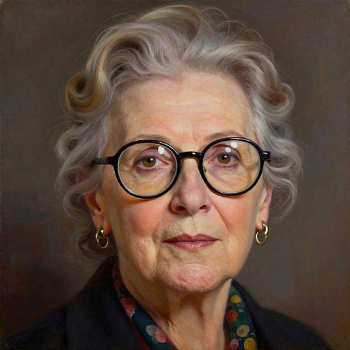 Photorealistic portrait of an elderly woman with curly gray hair, large black-rimmed glasses, gold hoop earrings, and a patterned scarf,