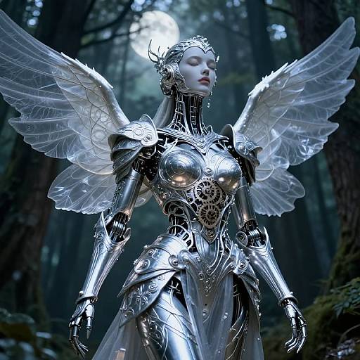 Digital art of a silver, winged, armored angelic woman with glowing eyes, standing in a dark, forested background. Her intricate armor and