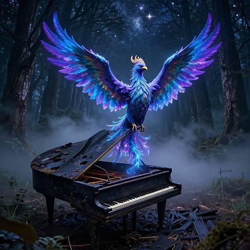 Digital art of a vibrant blue and purple phoenix with glowing wings standing on a grand piano in a mystical, foggy forest at night, surrounded by mist