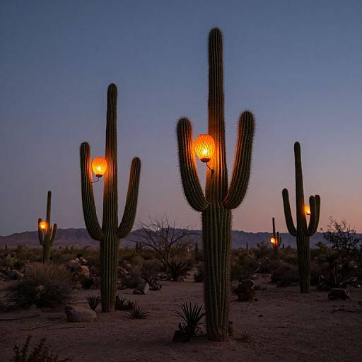 Photograph of desert cacti at dusk, illuminated by glowing orange lights against a deep blue twilight sky, with distant mountains in the background.