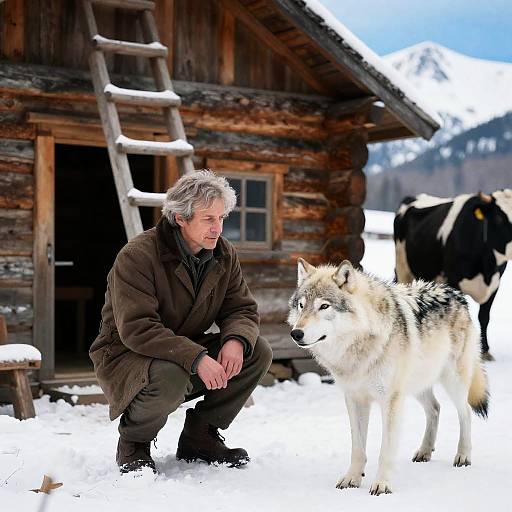 Man and Wolf by the Cabin Scene