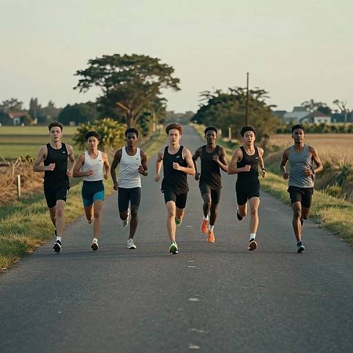 Photograph of six men running on a rural road, wearing athletic gear, with trees and fields in the background.