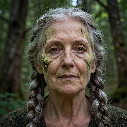 Photograph of an elderly woman with long, gray braided hair, green leaf-like markings on her face, standing in a forest.