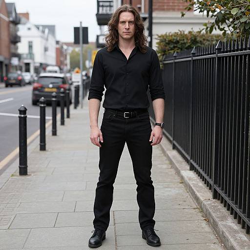 Photograph of a tall, muscular man with long brown hair, wearing a black button-up shirt, pants, and boots, standing on a city sidewalk