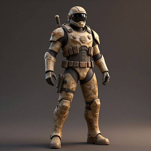 CGI image of a futuristic soldier in full tan camouflage armor with black accents, helmet, and tactical gear, standing against a dark gradient background.