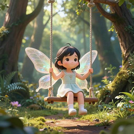 3D Girl on Swing in Magical Forest