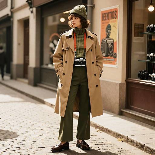 Retro Woman in Trench Coat with Vintage Camera