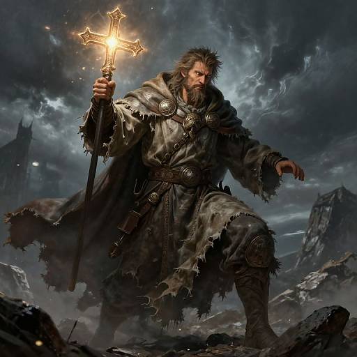 Digital fantasy artwork of a bearded, muscular warrior with wild hair, holding a glowing golden cross, wearing tattered fur cloak and armor, in a