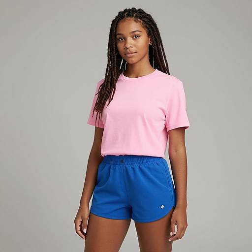 Photograph of a young black woman with long braids, wearing a pink t-shirt and blue athletic shorts, standing against a plain light gray background.