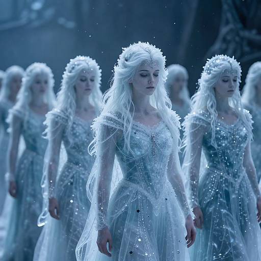 Photograph of ethereal, white-haired women in shimmering, icy blue, crystal-embellished dresses with delicate, crown-like headpieces,