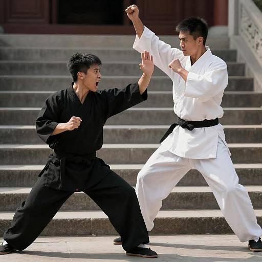 Dramatic Martial Arts Showdown on Stone Steps