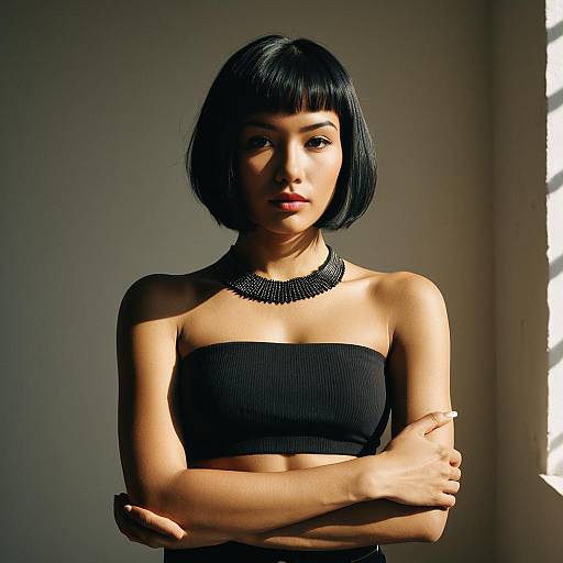 Stylish Woman in Black Bandeau Top