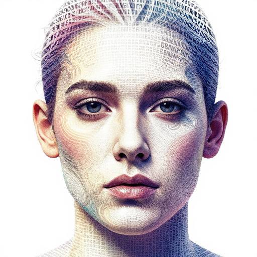 Digital portrait of a young woman with light skin, blue eyes, and pinkish-blonde hair, rendered in halftone texture with a white