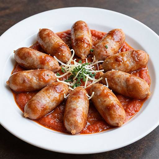 Photograph of a white plate filled with nine glistening, browned sausages in rich red tomato sauce, garnished with grated cheese and fresh