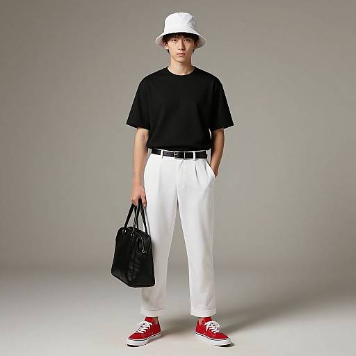 Photograph of a young man in a white bucket hat, black t-shirt, white pants, red sneakers, and black bag, standing against a plain