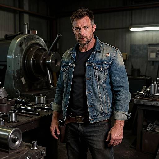 Photograph of a rugged, middle-aged man with short brown hair and beard, wearing a worn denim jacket over a black shirt, standing in a dim