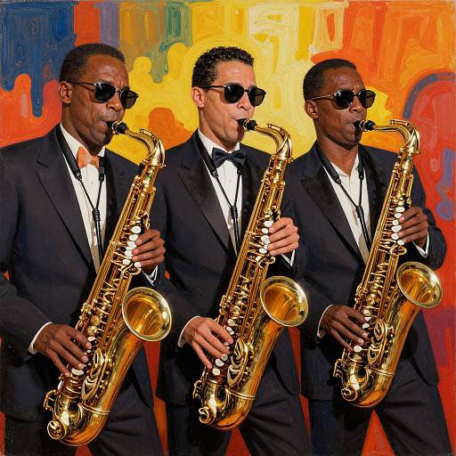 Photograph of three Black men in black tuxedos, black sunglasses, playing golden saxophones against a vibrant, abstract orange and yellow background