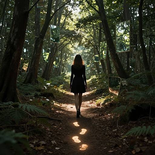 Photograph of a woman with long hair in a black dress walking down a sunlit forest path, surrounded by tall trees and dappled light.