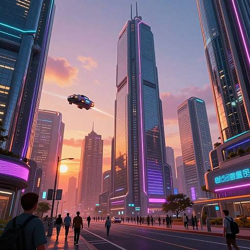 Neon-lit, futuristic cityscape at sunset with flying cars, towering skyscrapers, and bustling pedestrians. Vibrant purple and pink lights illuminate