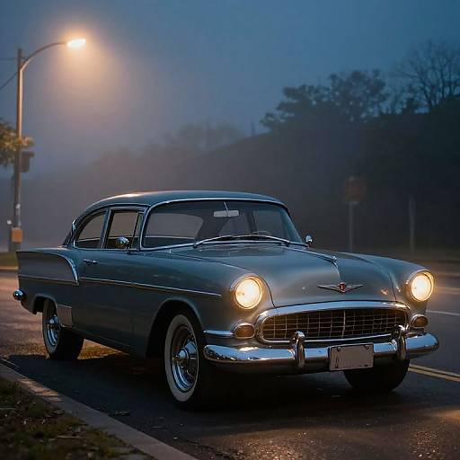 Photograph of a classic, silver 1950s Chevrolet sedan driving at night under streetlights, with a misty, blue-tinted background