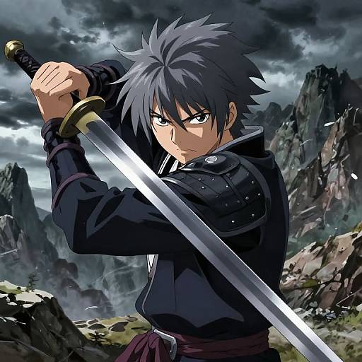 Anime-style digital artwork of a determined, dark-haired male warrior with a sharp sword, wearing black armor, in a stormy mountain landscape.