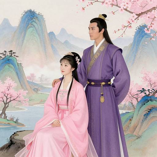 Digital art of a Japanese couple in traditional attire; woman in pink kimono seated, man in purple standing behind, mountainous cherry blossom background.