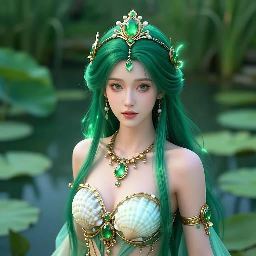 Digital artwork of a green-haired, fair-skinned woman with emerald jewelry and a white, gem-embellished top, standing by a l