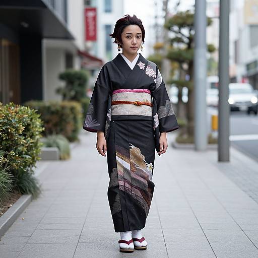 Photograph of an Asian woman in a black kimono with white floral patterns and red stripe, standing on a city sidewalk.