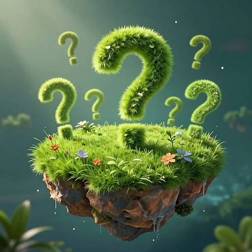 Whimsical Floating Island with Glowing Question Marks