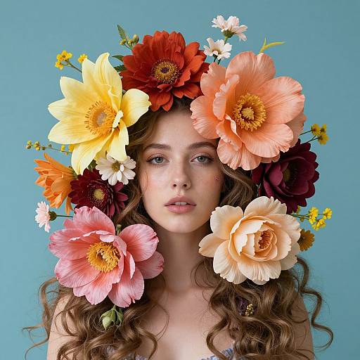 Photograph of a young woman with long, curly brown hair, wearing a colorful flower crown of yellow, red, pink, and white dahlias against