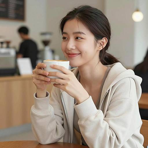 Cozy Coffee Moment: Laughing Woman Portrait