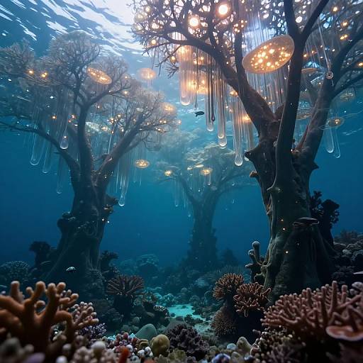 Photograph of an underwater coral reef with glowing jellyfish hanging from dark, gnarled trees, surrounded by vibrant corals and small fish. Blue