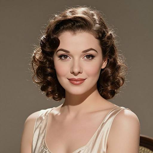 Photograph of a fair-skinned, brown-haired woman with vintage curly hair, wearing a shiny white sleeveless dress, smiling softly against a plain gray