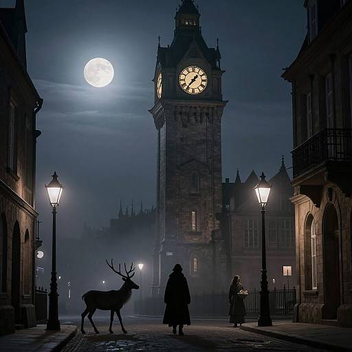 Photograph of a foggy, moonlit night in a Gothic city, featuring a clock tower, deer, and two silhouetted figures,