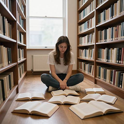 Photograph of a young woman with long brown hair, sitting cross-legged on a library floor, surrounded by open books, in a narrow aisle between wooden