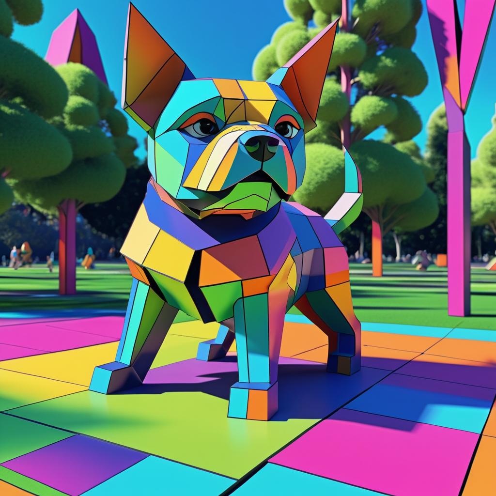 3D Cartoon Cubism Dog in Park Scene