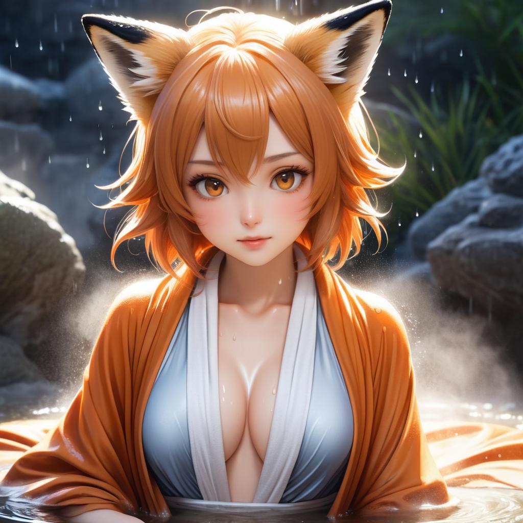 Sultry Fox Girl in Hot Spring Art