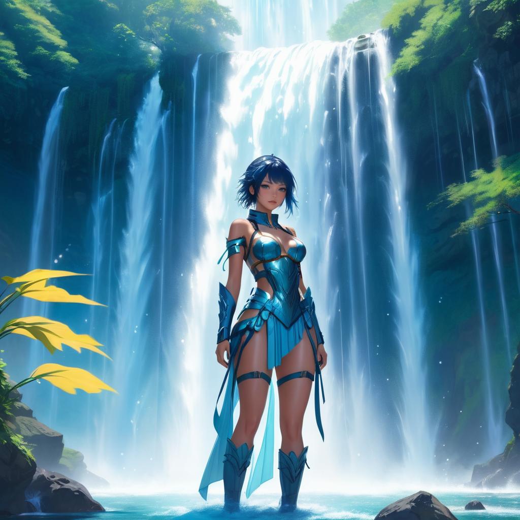 Ethereal Futuristic Warrior Under Waterfall