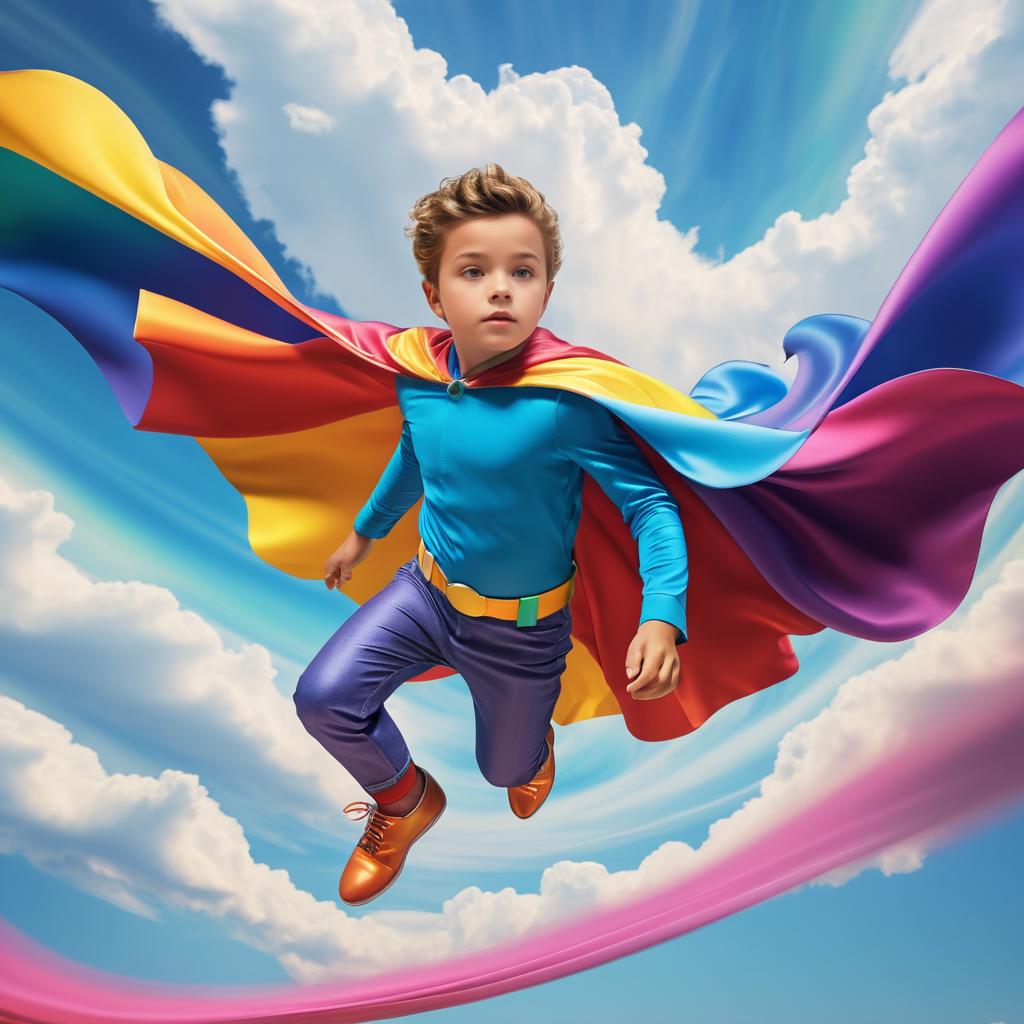 Surreal Flying Boy with Colorful Cape