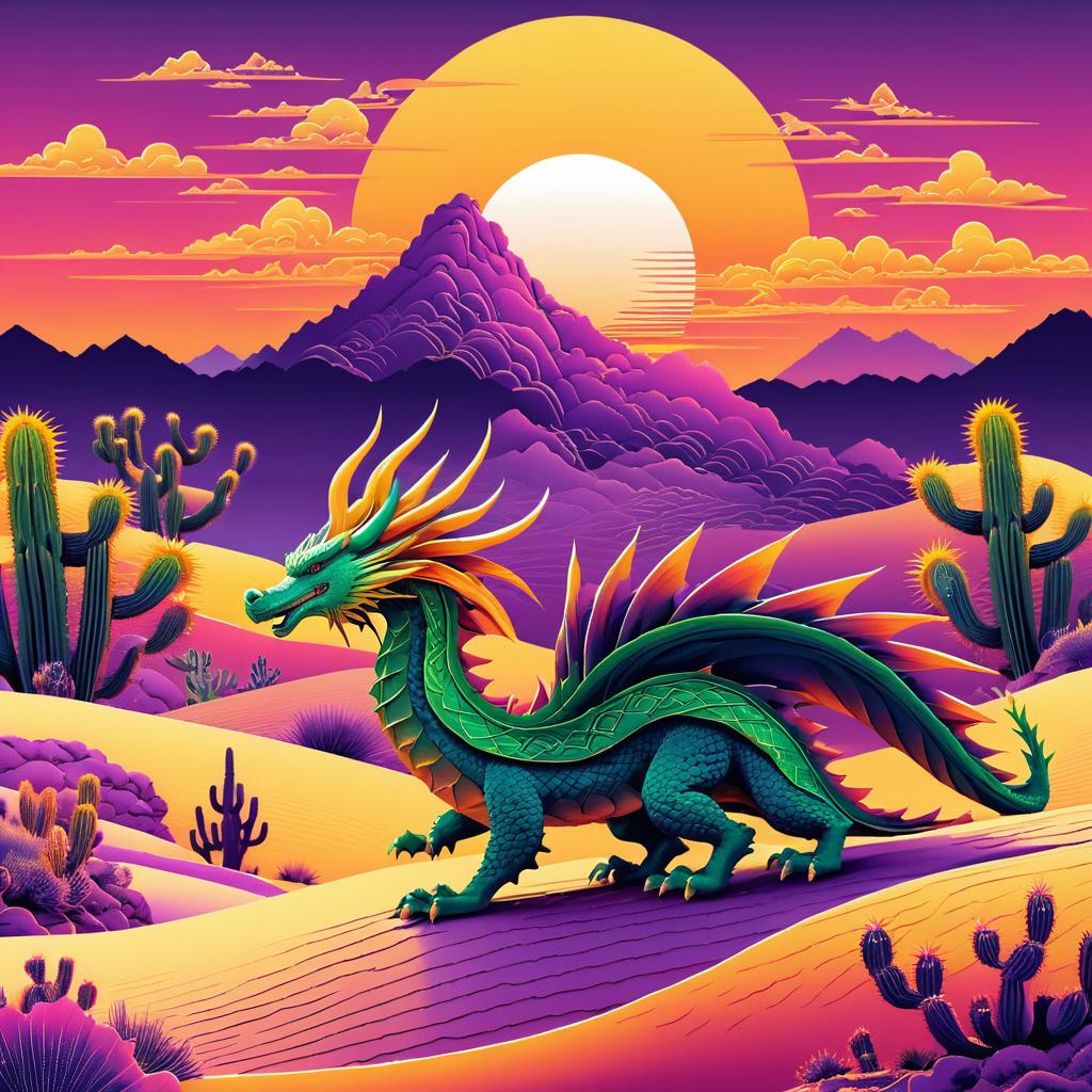 Ukiyo-e Dragon Surfing in Desert Sunset