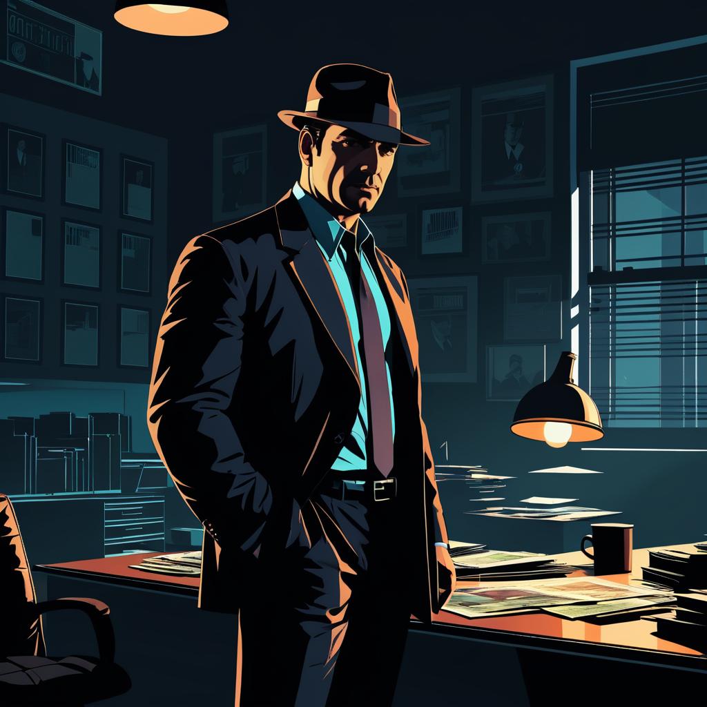 Gritty Detective in Shadowy Office Art