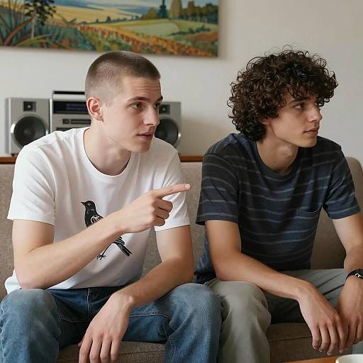 Two Young Men Sitting on Couch