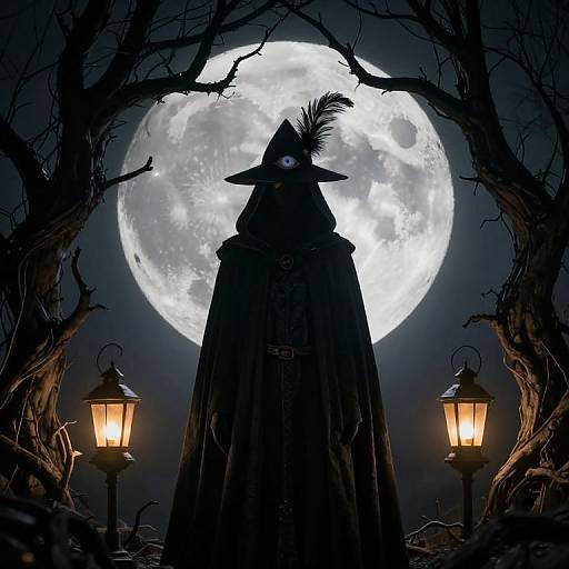 Silhouetted witch with pointed hat and feather stands before full moon, flanked by glowing lanterns, surrounded by twisted trees.