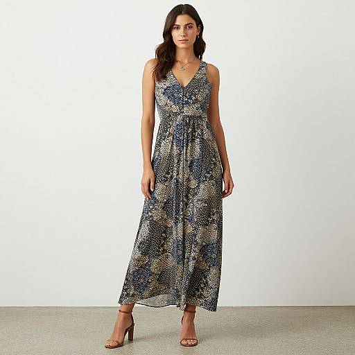 Photograph of a woman with long dark hair, wearing a sleeveless, blue and white patterned maxi dress and brown heels, standing against a plain