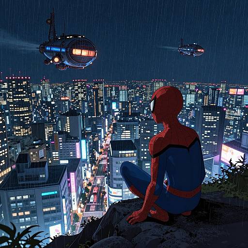 Digital anime-style artwork of Spider-Man in red suit sitting on rooftop, overlooking rainy futuristic city with two hovering drones.