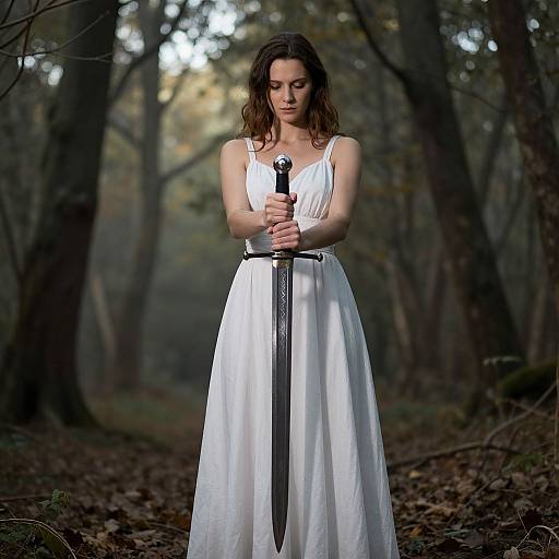 Photograph of a young woman with wavy brown hair, wearing a white, sleeveless, flowing dress, holding a sword in a misty forest
