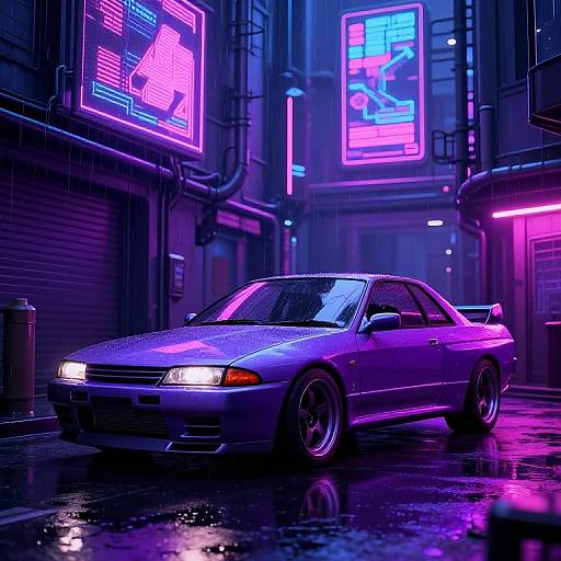 Cyberpunk night scene: Neon-lit alley with a wet, purple-hued white sports car parked under glowing signs, reflections on the rain-s