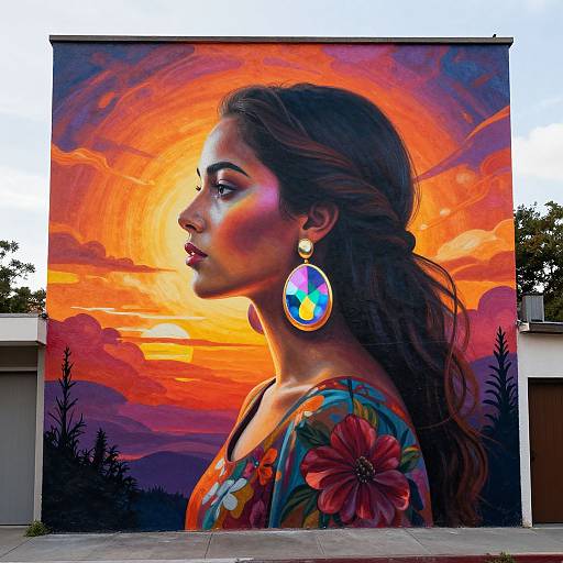 Vibrant mural of a woman with long dark hair, colorful earrings, and floral dress, set against a stunning orange and purple sunset sky, painted